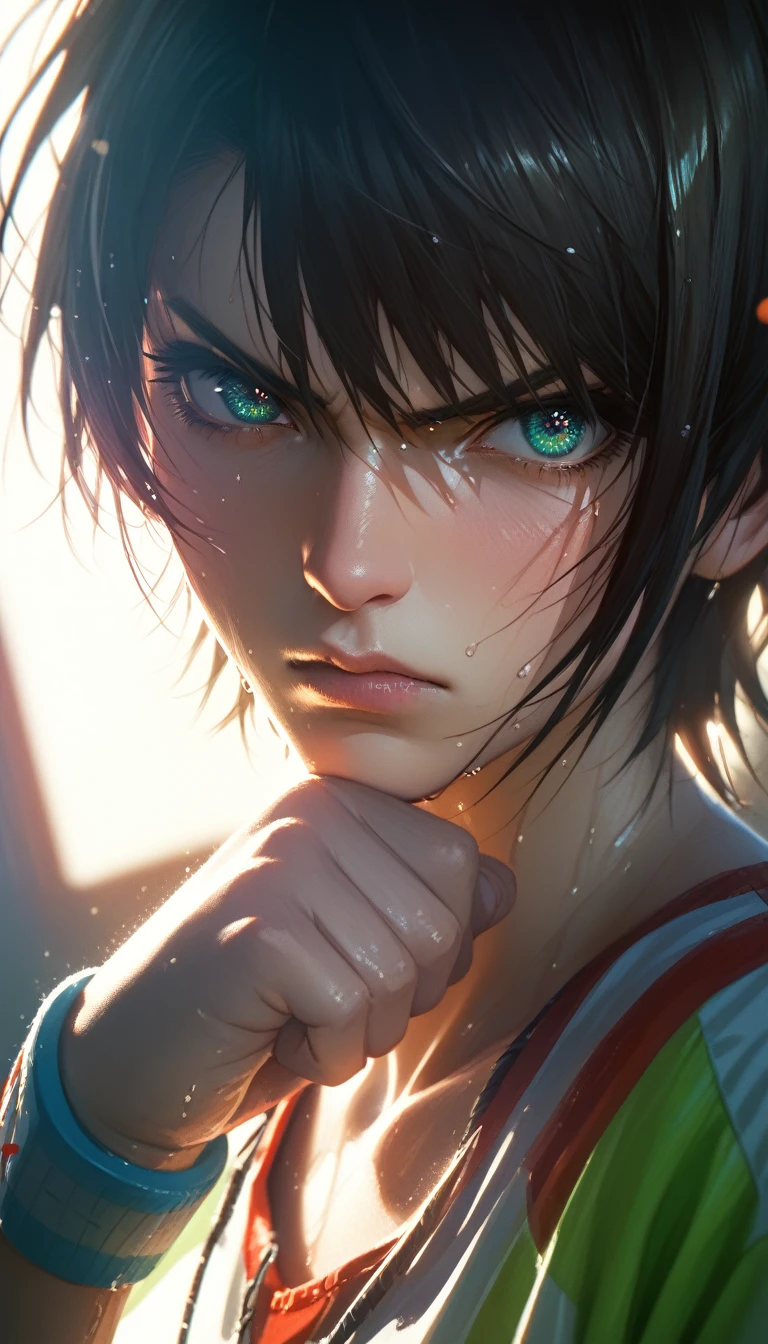 shubaBase, black hair, gradient eyes, aqua eyes, short hair, loose shirt, vertical-striped shirt,wristband, Close-up details, realistic style photo Japanese young woman, outstanding style, tall, cute, adult. Use soft lighting to cast gentle shadows on the subject, adding a touch of dimension to your images without compromising details, score_9, score_8_up, score_7_up, sweaty, wet, shiny skin, smart looking, haughty, hard rim lighting, dramatic lighting, sharp focus, thick outlines, portrait, close portrait, angry, (clenched hand), anger vein, crazy eyes, uneven eyes, (dutch angle), glaring