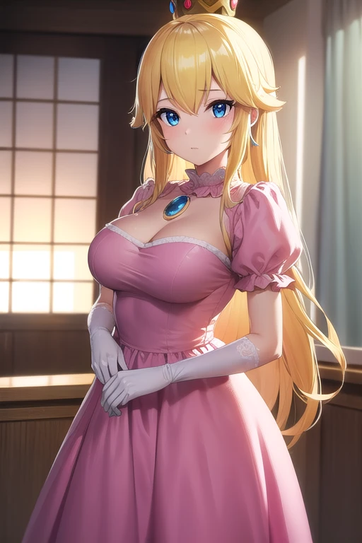 princesspeach, princess peach, blonde hair, blue eyes, long hair, big breasts, sensual pose,
BREAK crown, dress, gem, gloves, pink dress, puffy short sleeves, puffy sleeves, short sleeves, white gloves,
BREAK indoors,
BREAK looking at viewer, (cowboy shot:1.5),
BREAK (masterpiece:1.2), best quality, high resolution, unity 8k wallpaper, (illustration:0.8), (beautiful detailed eyes:1.6), extremely detailed face, perfect lighting, extremely detailed CG, (perfect hands, perfect anatomy),