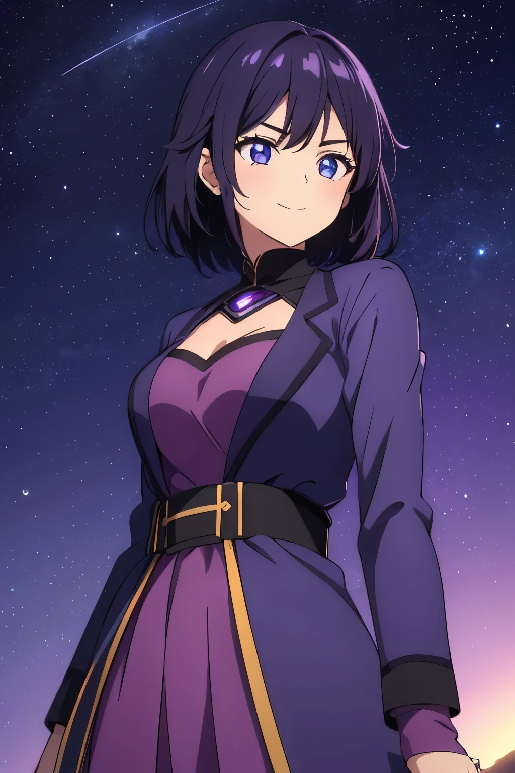 (high-quality, breathtaking),(expressive eyes, perfect face) 1girl, female, solo, young adult, short hair length, dark purply black hair color, purple lighting in hair, wavy hair, bright blue eye color, night sky background, stars, positive expression, cute smile, starry night background, Symmetrical Eye, light rain, lofi vibe, cowboy shot, modern fantasy clothing, anime lo fi
