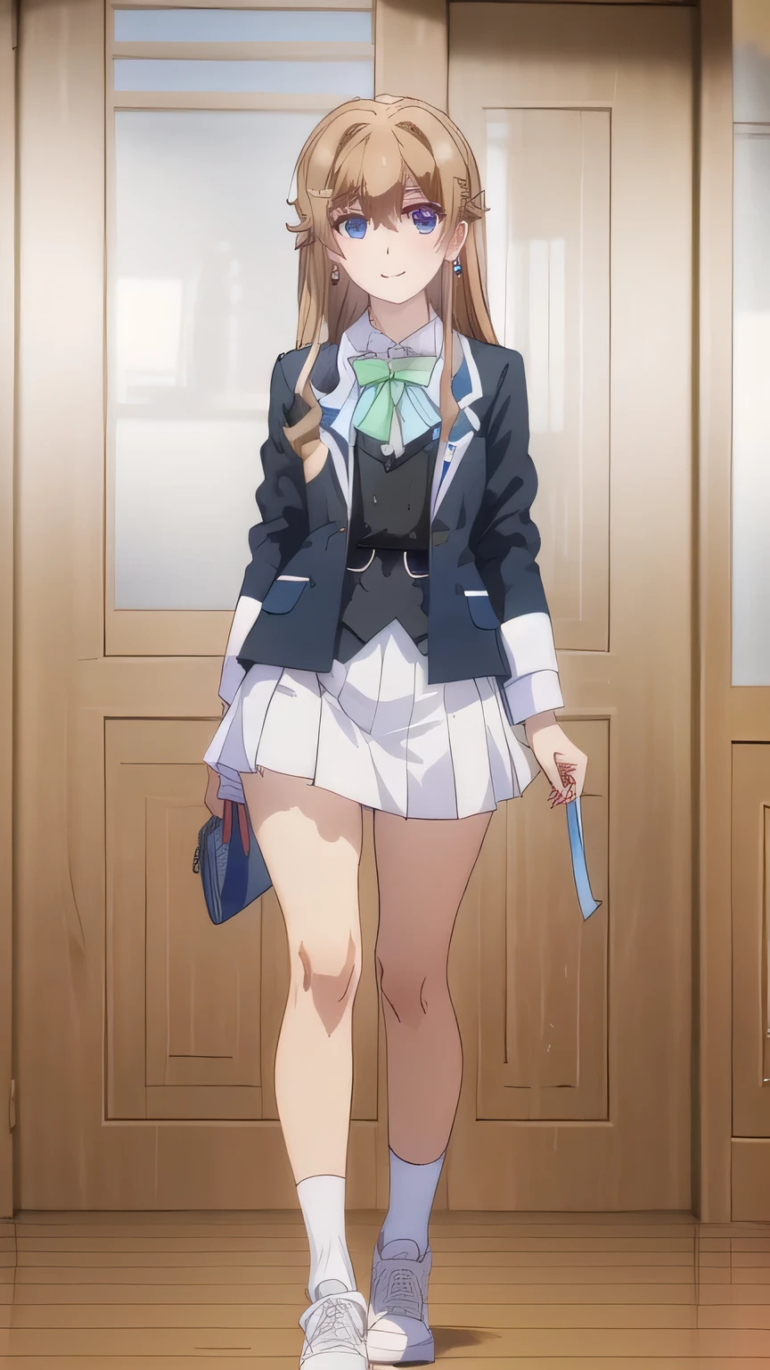 (masterpiece, Top Quality), kaede sajou, 1 girl, full body, hits, wide, blue eyes, hair clip, jewelry, earrings, medium breasts, school uniform, smile, blushing, looking at viewer, white school uniform, black suit uniform , black school skirt, bow tie, white sneakers. Classroom background.