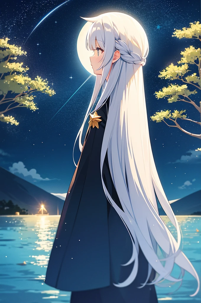 starry sky, outdoors, moon, moonlight, clear moon, one moon, yellow moon, sea, night, water surface, tree, (forest: 0.8), blue background, fantasy, anime, 2d, blurry foreground, beautiful star, many star, no cloud, only background, (without girl, no girl: 1.2)