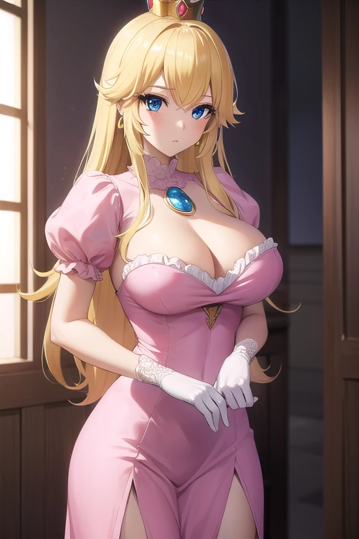 princesspeach, princess peach, blonde hair, blue eyes, long hair, big breasts, sensual pose,
BREAK crown, dress, gem, gloves, pink dress, puffy short sleeves, puffy sleeves, short sleeves, white gloves,
BREAK indoors,
BREAK looking at viewer, (cowboy shot:1.5),
BREAK (masterpiece:1.2), best quality, high resolution, unity 8k wallpaper, (illustration:0.8), (beautiful detailed eyes:1.6), extremely detailed face, perfect lighting, extremely detailed CG, (perfect hands, perfect anatomy),