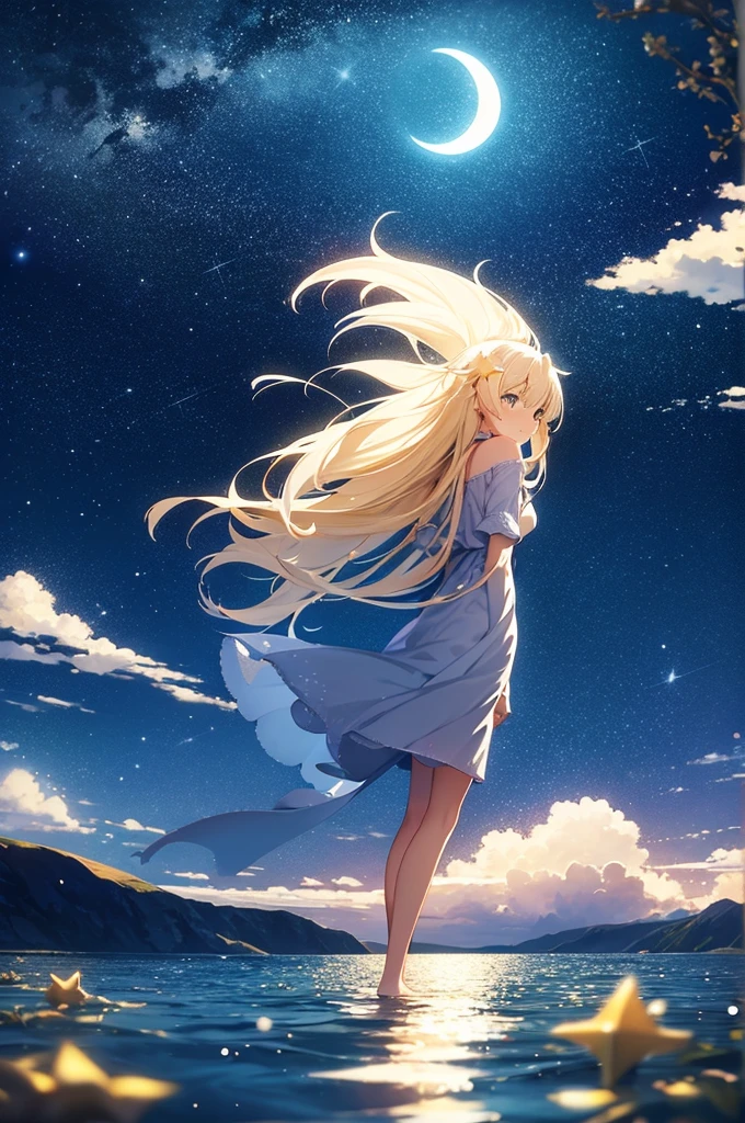 starry sky, outdoors, moon, moonlight, clear moon, one moon, yellow moon, sea, night, water surface, tree, (forest: 0.8), blue background, fantasy, anime, 2d, blurry foreground, beautiful star, many star, no cloud, only background, (without girl, no girl: 1.2)