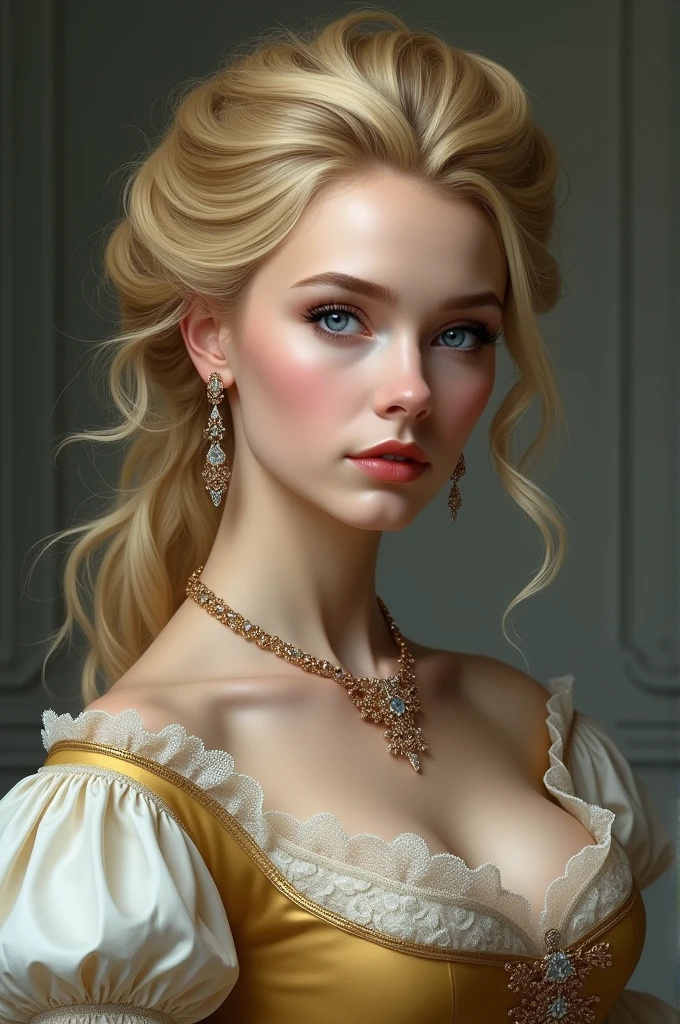 Anastasia had long, blonde hair, deep blue eyes that reflected his intelligence and determination. She had fair skin, voluptuous body and an upright posture that conveyed confidence. Anastasia always wore a necklace with a pendant that belonged to her mother., a symbol of their commitment to the fight against tyranny. Showing the entire body with the left arm behind the head, medium breasts, legs thick