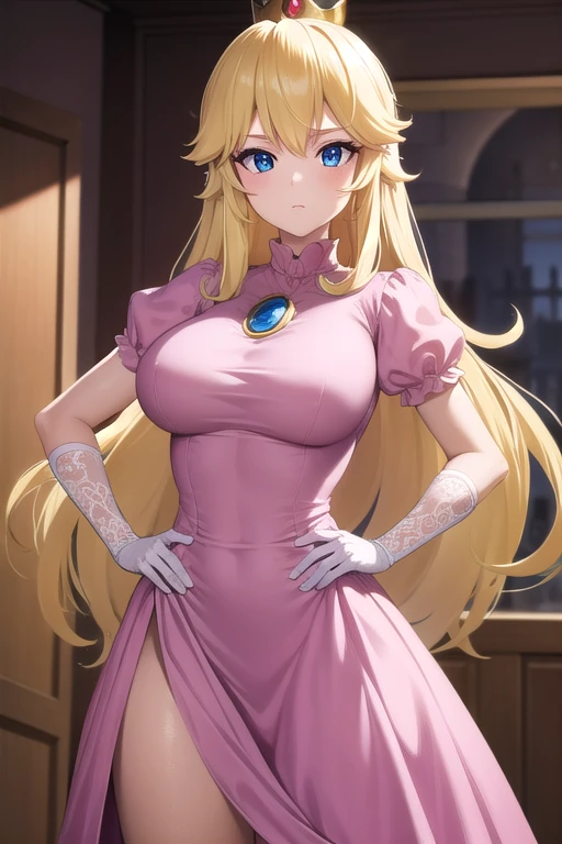 princesspeach, princess peach, blonde hair, blue eyes, long hair, big breasts, sensual pose,
BREAK crown, dress, gem, gloves, pink dress, puffy short sleeves, puffy sleeves, short sleeves, white gloves,
BREAK indoors,
BREAK looking at viewer, (cowboy shot:1.5),
BREAK (masterpiece:1.2), best quality, high resolution, unity 8k wallpaper, (illustration:0.8), (beautiful detailed eyes:1.6), extremely detailed face, perfect lighting, extremely detailed CG, (perfect hands, perfect anatomy),