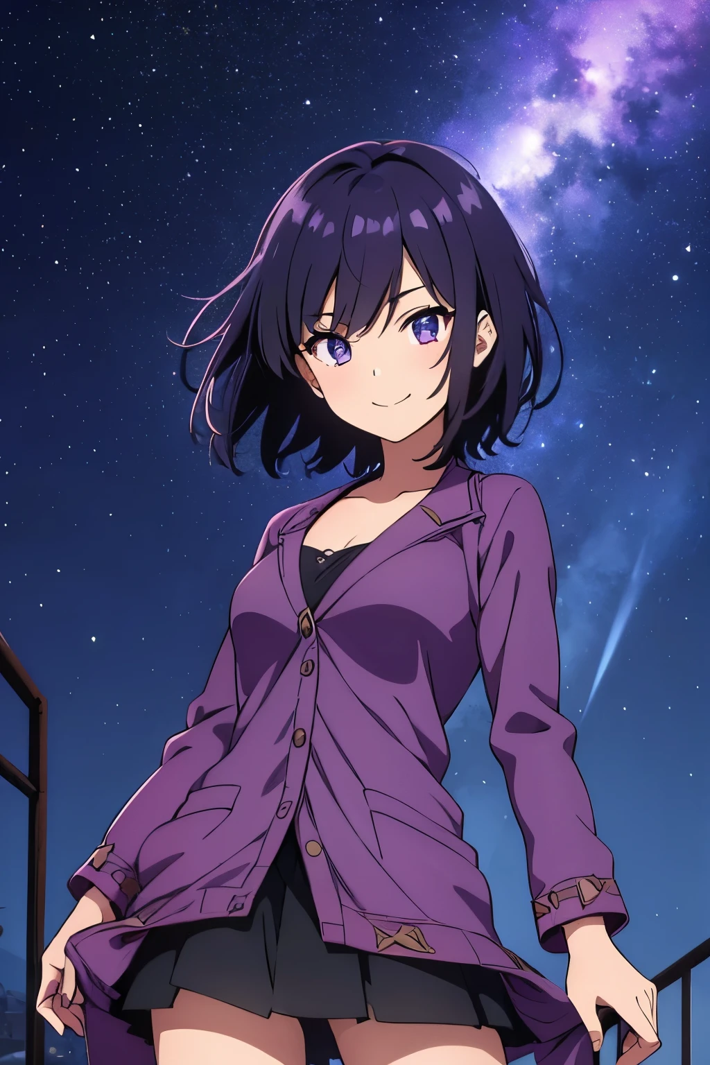 (high-quality, breathtaking),(expressive eyes, perfect face) 1girl, female, solo, young adult, short hair length, dark purply black hair color, purple lighting in hair, spiky wavy hair, bright blue eye color, night sky background, stars, positive expression, cute smile, starry night background, Symmetrical Eye, light rain, lofi vibe, cowboy shot, modern fantasy clothing, anime lo fi
