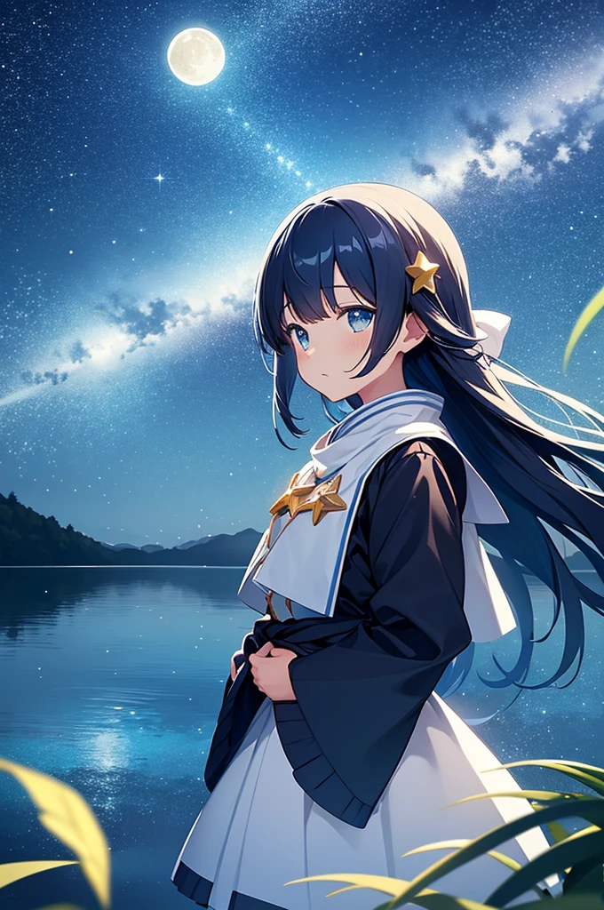 starry sky, outdoors, moon, moonlight, clear moon, one moon, yellow moon, sea, night, water surface, tree, (forest: 0.8), blue background, fantasy, anime, 2d, blurry foreground, beautiful star, many star, no cloud, only background, (without girl, no girl: 1.2)