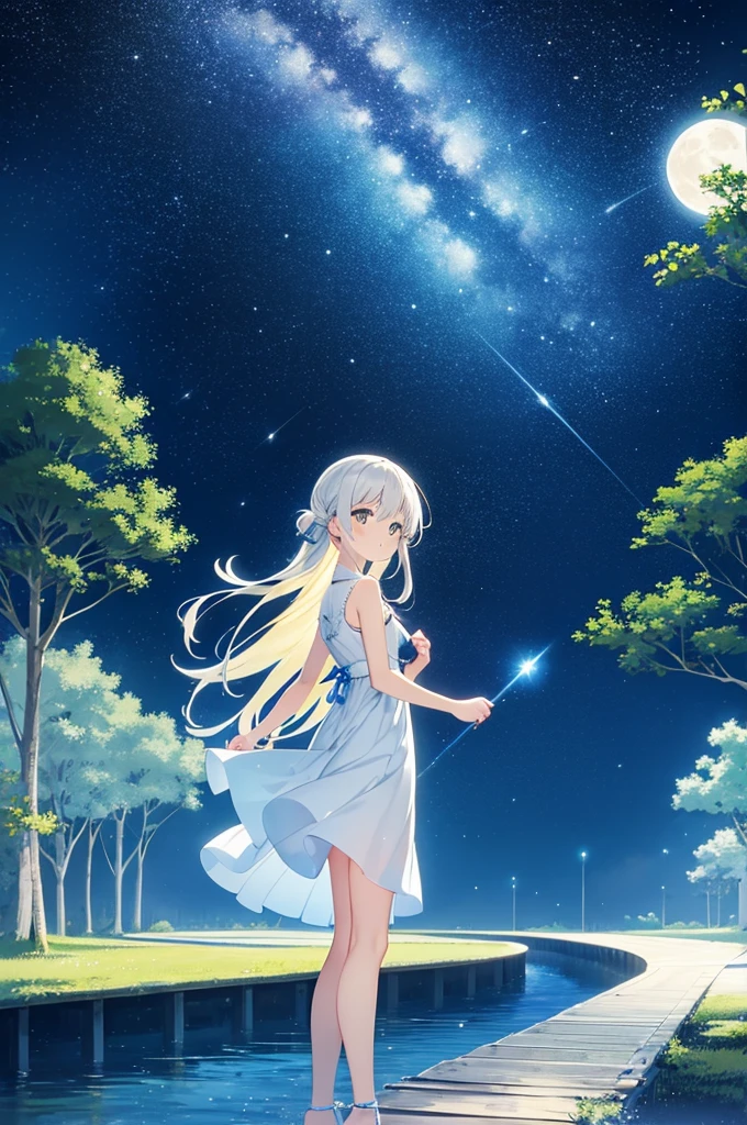 starry sky, outdoors, moon, moonlight, clear moon, one moon, yellow moon, sea, night, water surface, tree, (forest: 0.8), blue background, fantasy, anime, 2d, blurry foreground, beautiful star, many star, no cloud, only background, (without girl, no girl: 1.2)