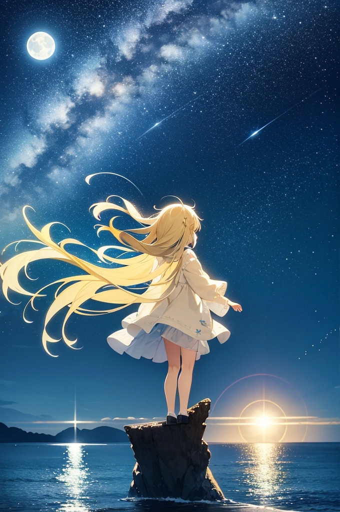 starry sky, outdoors, moon, moonlight, clear moon, one moon, yellow moon, sea, night, water surface, tree, (forest: 0.8), blue background, fantasy, anime, 2d, blurry foreground, beautiful star, many star, no cloud, only background, (without girl, no girl: 1.2)