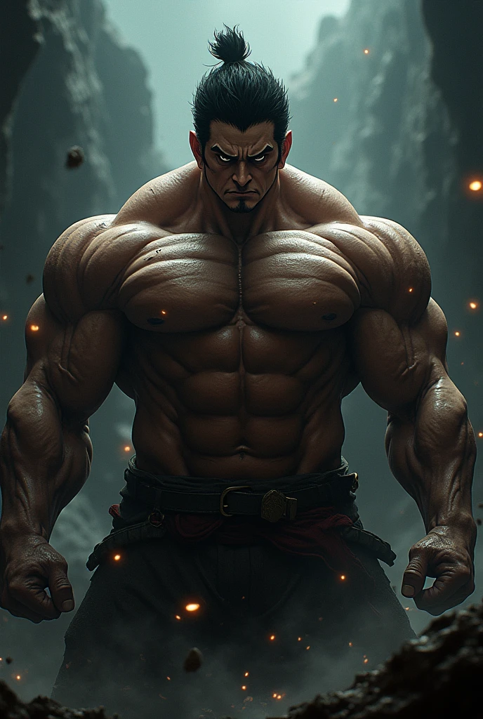 Estilo Conan Exiles, de pie al frente, (((((frente))))) (volumetric illumination) Joven guerrero (25 years old) (Cara joven) con una espada, Pixiv mejor valorado, Camisa, 140 kgs, Front view, hombros uniformes, Perfect and massive muscles, inflated muscles, cuerpo masivo musculoso, un enorme pecho gigantesco con una cintura estrecha, hombros enormes, Ribly well shaped large pectorals, Seis abdominales cincelados, brazos tan gruesos como troncos y muslos formidables. (Muy tonificado masivo y enorme) cintura estrecha, brown skin, cabello negro, pelo corto, white sclera, ojos grises (ojos detallados), Black earth covered by volcanic ash, grietas de lava, Lava river with a lava waterfall behind, D&D character, guerrero, Armadura ligera hecha de piel y escamas de cocodrilo, Humano, cara hermosa, Imagen de habilidad, protuberancia, Mirando al espectador, Rompiendo la cuarta pared, Gran bulto en la entrepierna.