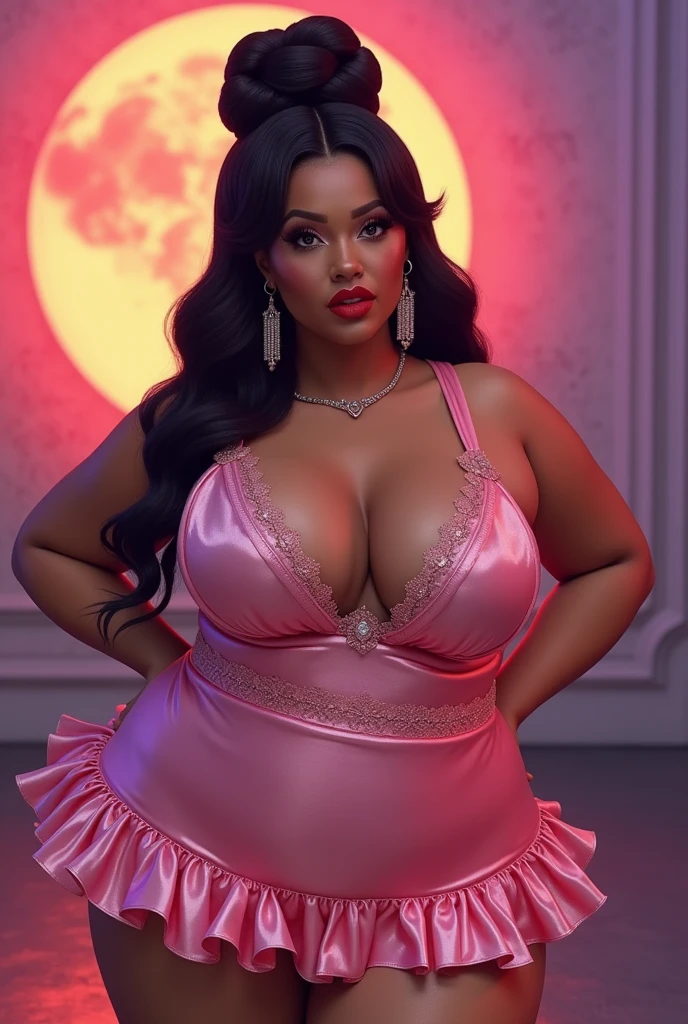(Masterpiece:1.2, 8k resolution, RAW photo, best quality, hyper-detailed, ultra-realistic), award-winning picture of a stunning Nigerian 1supermodel, perfect oval face, perfect almond eyes, sexy, ((Dolce & Gabbana pastel pink colored Silk satin and tulle soft-cup triangle bra with lace details)), (((HUGE SAGGING breasts:1.5))), (((hourglass body shape))), ((Narrow waist)), ((wide hips)), (((thick thighs))), fit physique, toned body, muscular legs, six pack, dark tan, (wet shiny skin:1.3), (high detailed skin:1.2), skin pores, subsurface scattering, high-res intricate, elegant, highly detailed, majestic, sexy glossy lips, Chanel makeup, blush, Chanel mascara, vivid long dark red hair in a French braid, full body focus,(((Sitting down on chair pose))), ((seductive sitting pose)), arched back, legs crossed, ((legs showing)), (shot focused on legs), digital photography, broken glass, (blurred background), minimal background, 8k, UHD, dslr, soft lighting, soft colors, best quality, super detail, highres, ((More Detail, enhance_all, fix_everything)),