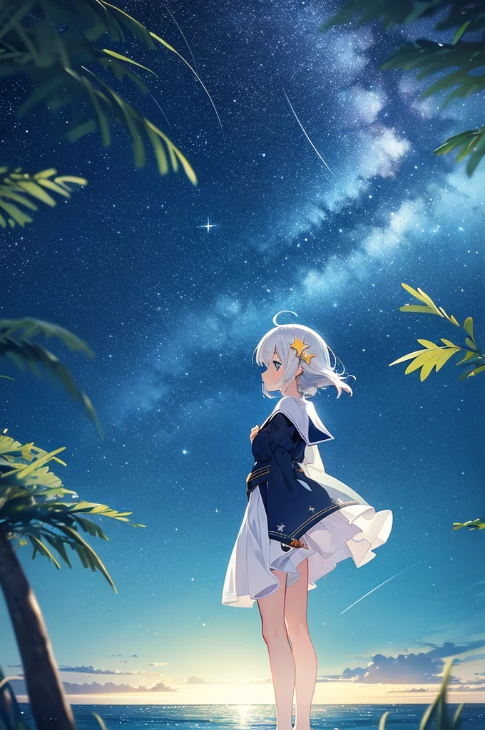 starry sky, outdoors, moon, moonlight, clear moon, one moon, yellow moon, sea, night, water surface, tree, (forest: 0.8), blue background, fantasy, anime, 2d, blurry foreground, beautiful star, many star, no cloud, only background, (without girl, no girl: 1.2)