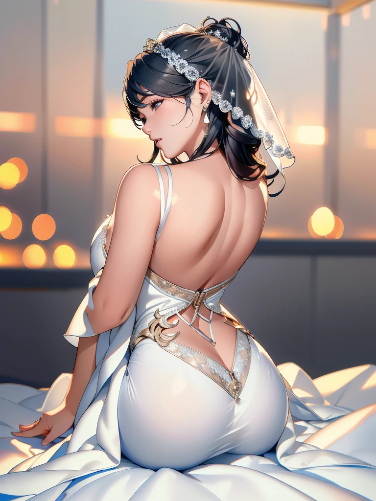 Beautiful woman in wedding dress、High quality 8K CGI、Very detailed、Photorealistic、1 girl、Bridal Veil、Wedding Dresses、curtain、jewelry、Earrings、teeth、Black Hair、Highly textured raw skin、(Highest quality、4K、8k、High resolution、masterpiece:1.2)、Super detailed、(Real、Photorealistic、Photorealistic:1.37)、HDR、uhd、Studio Lighting、Ultra-fine painting、Sharp Focus、Physically Based Rendering、Very detailedな描写、professional、Bright colors、Bokeh、Portrait、Cinematic Lighting、Full body photography、Woman back shot、Look back at your audience。