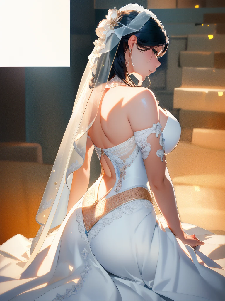 Beautiful woman in wedding dress、High quality 8K CGI、Very detailed、Photorealistic、1 girl、Bridal Veil、Wedding Dresses、curtain、jewelry、Earrings、teeth、Black Hair、Highly textured raw skin、(Highest quality、4K、8k、High resolution、masterpiece:1.2)、Super detailed、(Real、Photorealistic、Photorealistic:1.37)、HDR、uhd、Studio Lighting、Ultra-fine painting、Sharp Focus、Physically Based Rendering、Very detailedな描写、professional、Bright colors、Bokeh、Portrait、Cinematic Lighting、Full body photography、Woman back shot、Look back at your audience。