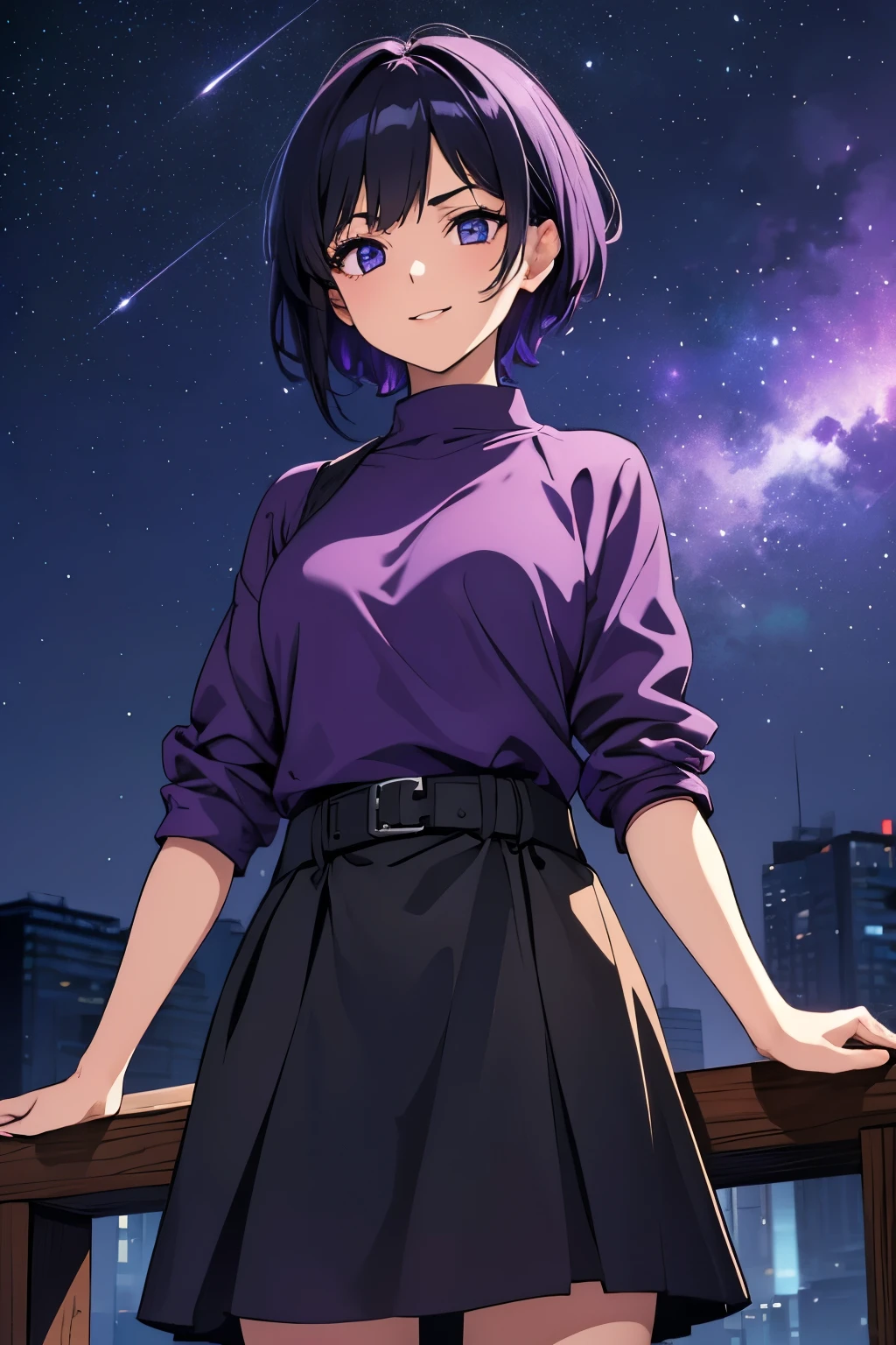 (high-quality, breathtaking),(expressive eyes, perfect face) 1girl, female, solo, young adult, short hair length, dark purply black hair color, purple lighting in hair, spiky hair, bright blue eye color, night sky background, stars, positive expression, cute smile, starry night background, Symmetrical Eye, light rain, lofi vibe, cowboy shot, modern fantasy clothing, anime lo fi, tomo hairstyle, tomboy
