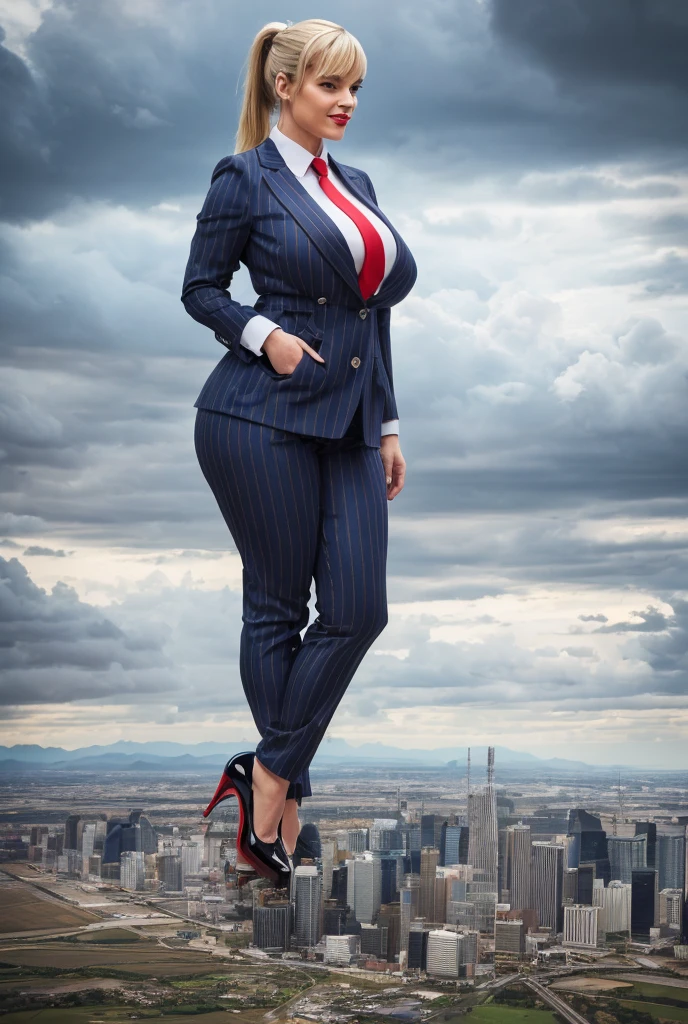  Young adult bbw woman beautiful curves a massive thighs blonde hair in a ponytail red lipstick wearing a perfect slim-fit grey pinstriped trouser suit and blazer, crisp white shirt and large blade width windsor knot dark blue-paisley tie, massive breasts. Platform high heels , standing, giantess art, highly detailed giantess shots, giantess, most detailed, perfect face, Two legs, Five fingers, short hair, A girl who is bigger than a skyscraper, standing on very small city, skyscarpers at their feet, skyscrapers small, smile, huge breasts, major metropolis, numerous cities, , A very small big city, Miniature metropolis, Full body description, GTS, giga giantess, gigagts, stomping city, crash city, tiny city, micro city, , High resolution, highest quality, masterpiece,  tiny destroyed skyscrapers city, illustration, skyscrapers size of small toys standing behind and very far away from city, (masterpiece, best quality, best shadows, best shading, perfect hands, perfect face, cinematic lighting, colorful, ultra-detailed, beautiful photography, character focus, extremely-detailed, photorealistic, hyper photorealism, atmospheric), (rural destruction:1.7), (giantess, stereotypical office boss), (dirty, filthy, unwashed, sweaty, unkempt, happy, tired, exhausted, annoyed), ((walking, mid stride:1.2, stepping down on:1.2, stomping, crush, rampage)), (black patent Louboutin rounded toe pumps, high heels, platform heels), ((,)), ((long ponytail hair with front bangs)), (high altitude photography, satellite view), (curvy, , heaving bosom, legs), (mega city, urban sprawl, and small towns, destruction, buildings, roads), (((cloudy, overcast, clouds and atmosphere partly obscuring the subject:1.2, hazy atmosphere, haze in foreground, wispy clouds)))undefined, 