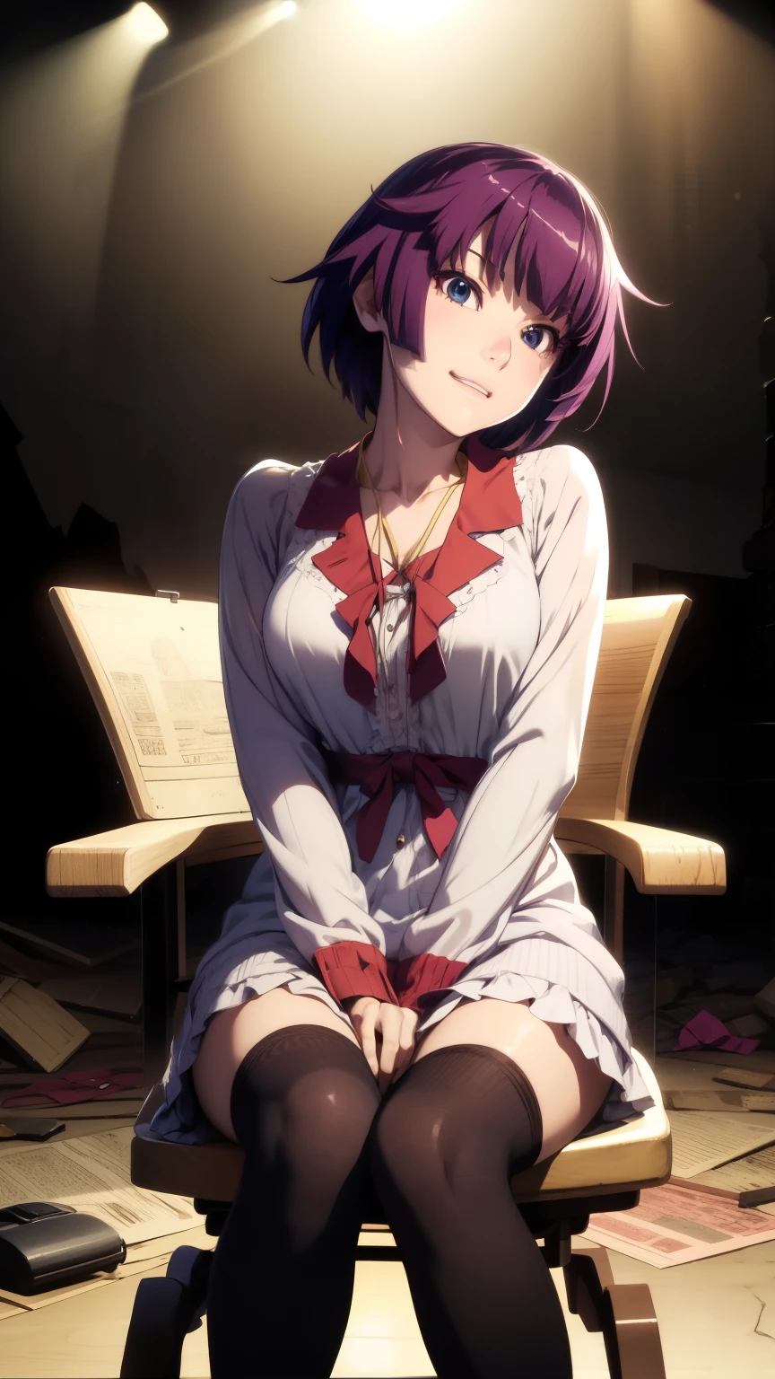 masterpiece、Highest quality、High resolution、Detailed face、Face focus、Anime Coloring、(((足を組んでSitting in a chair)))、((Angle from below)),sexy、Thighs、Shiny skin:1.5,(Dilapidated and empty ruins:1.5、Pitch black background、Spotlight only on girls,Sitting in a chair、Sitting gracefully)、One girl、solo、Looking at the audience、A grin、Cowboy Shot、Hitagi Senjougahara、シングルBlade、Blade、Medium Breasted、Hitagi Senjougahara、White Dress、Pink Shirt、White shirt、(Absolute area、Black knee socks)、Striped knee socks、necklace、ribbon、Frills