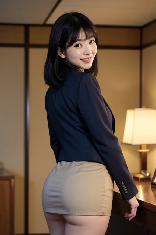 Masterpiece, photo quality, (high resolution photo: 1.4), Japanese woman, business jacket, cotton tight skirt, beautiful thighs with skin tone, bob hair, smile, droopy eyes, gentle eyes, bangs, office, back view, looking back at the viewer, smile, detailed eyes, perfect lighting,