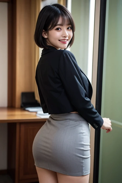 Masterpiece, photo quality, (high resolution photo: 1.4), Japanese woman, business jacket, cotton tight skirt, beautiful thighs with skin tone, bob hair, smile, droopy eyes, gentle eyes, bangs, office, back view, looking back at the viewer, smile, detailed eyes, perfect lighting,