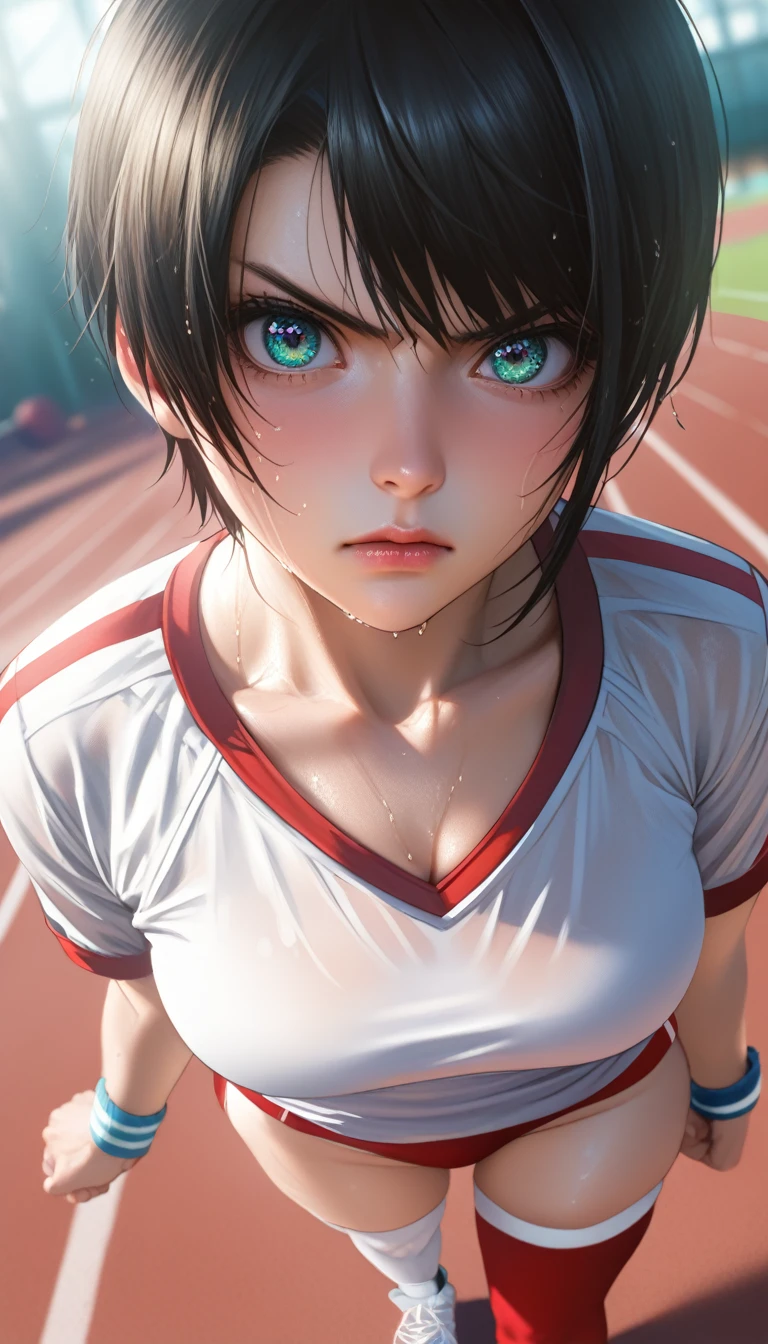 shubaBase, black hair, gradient eyes, aqua eyes, short hair, gym uniform, gym shirts, white t-shirts, buruma, white footwear, wristband, mismatched legwear, asymmetrical legwear, red thighhighs, white thighhighs, Close-up details, realistic style photo Japanese young woman, outstanding style, tall, cute, adult. Use soft lighting to cast gentle shadows on the subject, adding a touch of dimension to your images without compromising details, score_9, score_8_up, score_7_up, sweaty, wet, shiny skin, smart looking, haughty, hard rim lighting, dramatic lighting, sharp focus, thick outlines, portrait, close portrait, angry, (clenched hand), anger vein, crazy eyes, uneven eyes, (dutch angle), glaring, sports ground, walking,