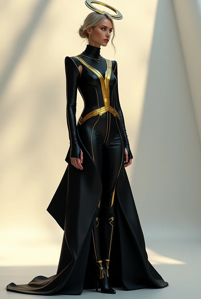 a woman alone, straight black hair, body interiro in the image, posing for photo, a woman, full body, green hair, gothic style clothes,leather pants, details, silver, gold, diamond necklace (yellow hero outfit with blue details)