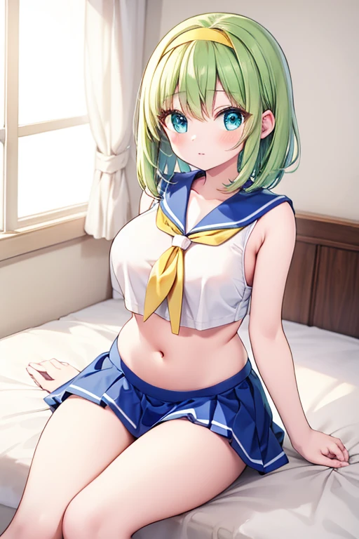 Highest quality,4K,cute,Green medium straight hair,blue eyes,Yellow headband,Aliceband,Large Breasts,middle School girls,Girl sitting in bed,sailor uniform,Embarrassing,