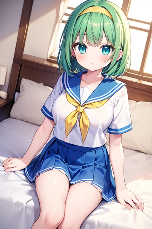 Highest quality,4K,cute,Green medium straight hair,blue eyes,Yellow headband,Aliceband,Large Breasts,middle School girls,Girl sitting in bed,sailor uniform,Embarrassing,