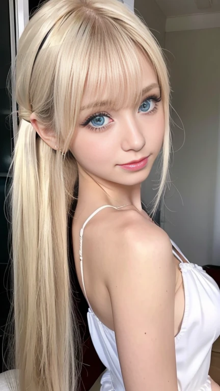 One Girl，(1人のとてもcute女の子:1.3)，masterpiece，Highest quality，High resolution，From below，Low - Angle，Photorealistic，RAW Photos，Ray Tracing，Physically Based Rendering，beautiful girl，(:1.3)，cute，Big Blue Eyes，(detailed pupils:1.2)，(The face is facing straight ahead:1.3)，Body facing forward，Beautiful nose，Upturned nose，Fuller lips，Platinum Blonde Hair，Detailed eyelashes，Thin eyebrows，Very fine grain definition，(Symmetrical eyes，Golden Ratio:1.3)，(Face close-up，Face Focus:1.0)，Small breasts，Short neck，White Bikini，Swimwear，Ocean，Blue sky，White cloud，Soft Light，Portrait，View Viewer，Upper Body，Cinema Lighting，High resolution，Very detailed