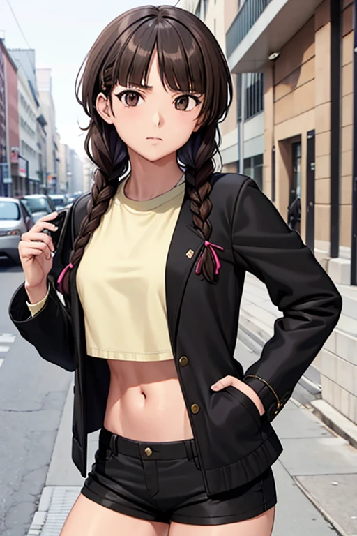 aayoshino, long hair, twin braids, brown eyes, hair over shoulder black jacket, Crop top, abdomen, Short shorts, Black shorts, High leg panties, street, Put your hands in your pockets　Bad mood