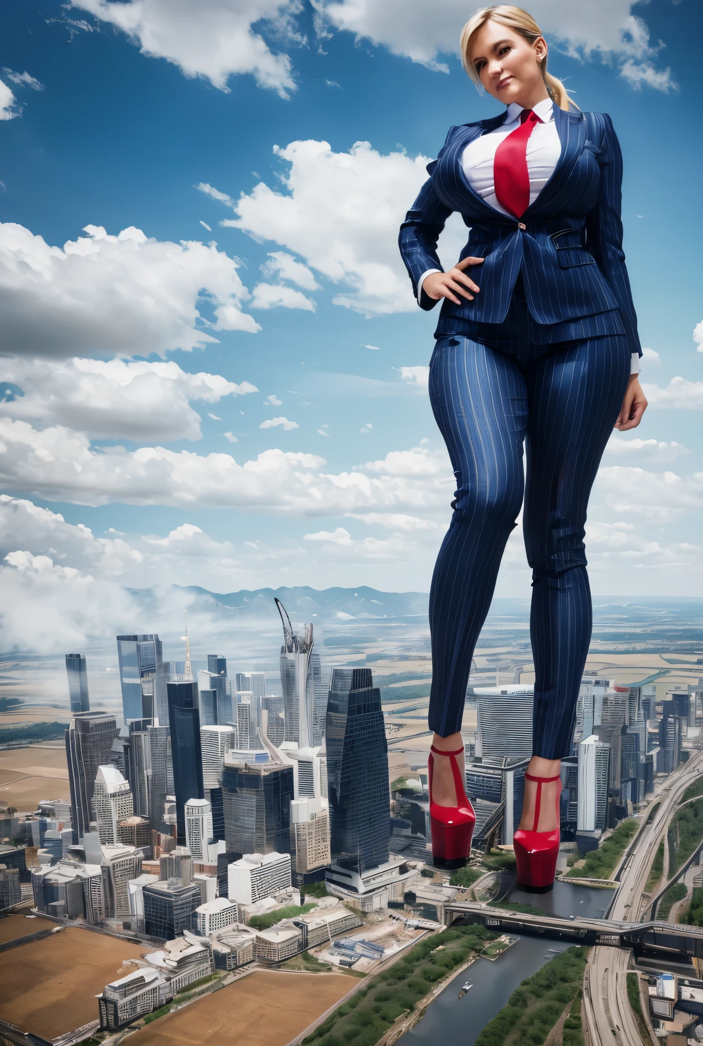  Young adult bbw woman beautiful curves a massive thighs blonde hair in a ponytail red lipstick wearing a perfect slim-fit blue pinstriped trouser suit and blazer, crisp white shirt and large blade width windsor knot dark blue-paisley tie, massive breasts. Platform high heels , standing, giantess art, highly detailed giantess shots, giantess, most detailed, perfect face, Two legs, Five fingers, short hair, A girl who is bigger than a skyscraper, standing on very small city, skyscarpers at their feet, skyscrapers small, smile, huge breasts, major metropolis, numerous cities, , A very small big city, Miniature metropolis, Full body description, GTS, giga giantess, gigagts, stomping city, crash city, tiny city, micro city, , High resolution, highest quality, masterpiece,  tiny destroyed skyscrapers city, illustration, skyscrapers size of small toys standing behind and very far away from city, (masterpiece, best quality, best shadows, best shading, perfect hands, perfect face, cinematic lighting, colorful, ultra-detailed, beautiful photography, character focus, extremely-detailed, photorealistic, hyper photorealism, atmospheric), (rural destruction:1.7), (giantess, stereotypical office boss), (dirty, filthy, unwashed, sweaty, unkempt, happy, tired, exhausted, annoyed), ((walking, mid stride:1.2, stepping down on:1.2, stomping, crush, rampage)), (black patent Louboutin rounded toe pumps, high heels, platform heels), ((,)), ((long ponytail hair with front bangs)), (high altitude photography, satellite view), (curvy, , heaving bosom, legs), (mega city, urban sprawl, and small towns, destruction, buildings, roads), (((cloudy, overcast, clouds and atmosphere partly obscuring the subject:1.2, hazy atmosphere, haze in foreground, wispy clouds)))undefined, 