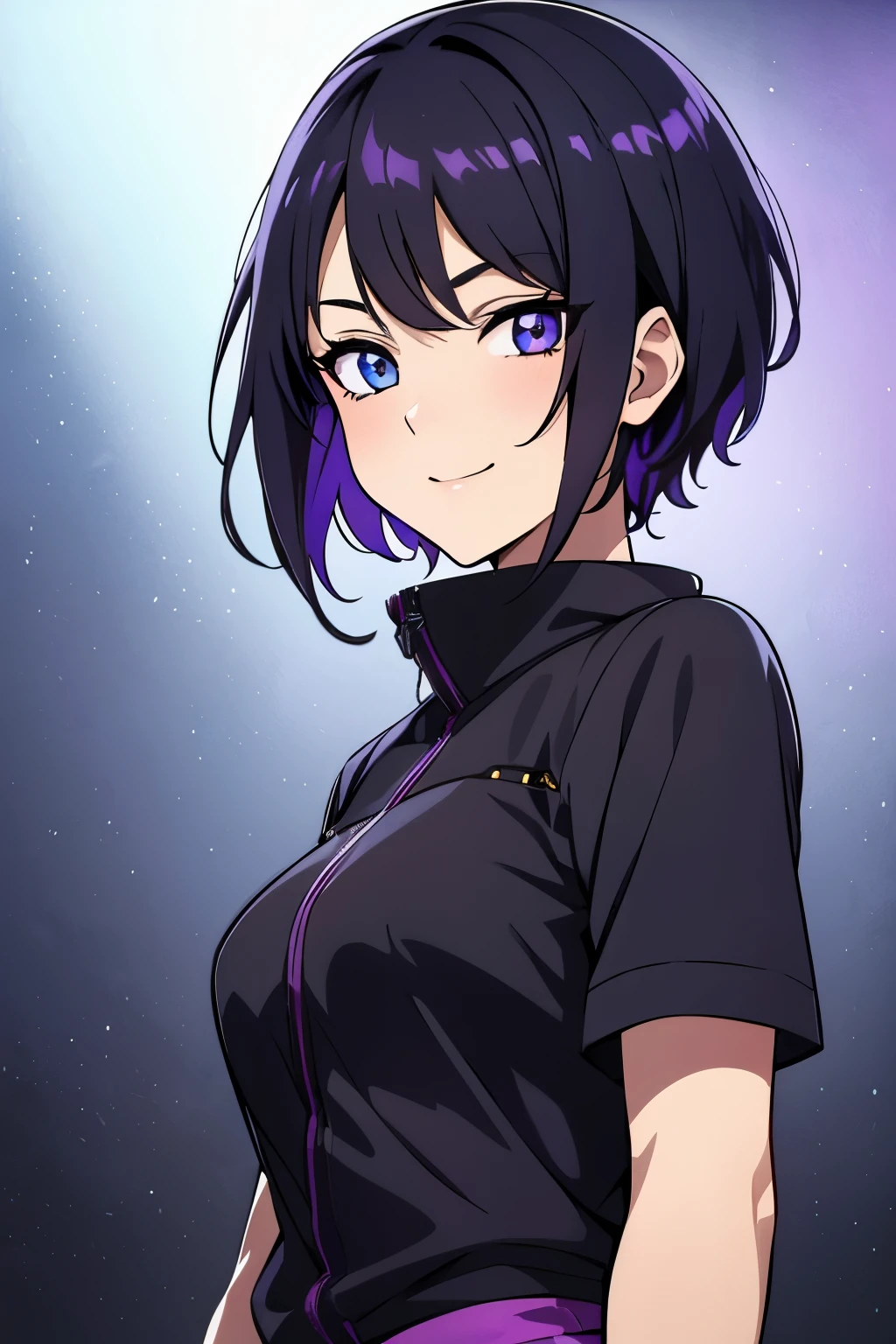 (high-quality, breathtaking),(expressive eyes, perfect face) 1girl, female, solo, young adult, short hair length, dark purply black hair color, purple lighting in hair, spiky hair, bright blue eye color, black background, positive expression, cute smile, Symmetrical Eye, light rain, lofi vibe, cowboy shot, modern fantasy clothing, anime lo fi, tomo hairstyle, tomboy,
