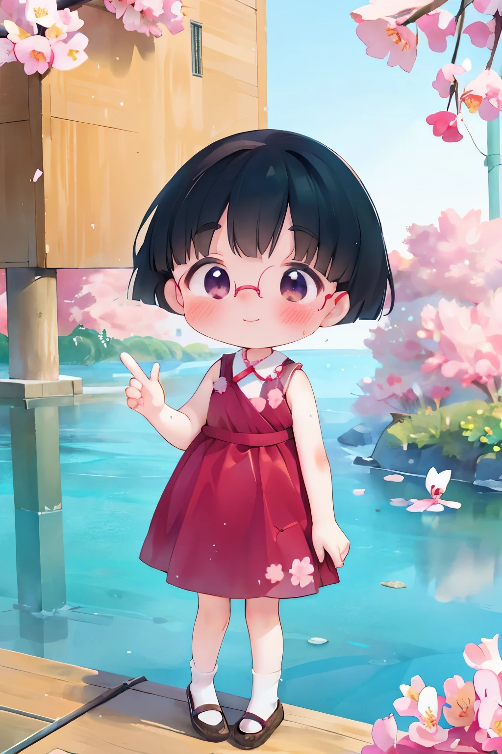 masterpiece，Highest quality，Little，Momoko "Maruko" cherry blossoms，Very short stature，Black Hair，short hair，iris，Dark blue scoop water，Glasses，smile，Sleeveless short dress，Seaside，Accurate and detailed female fingers，Bruises and gestures，