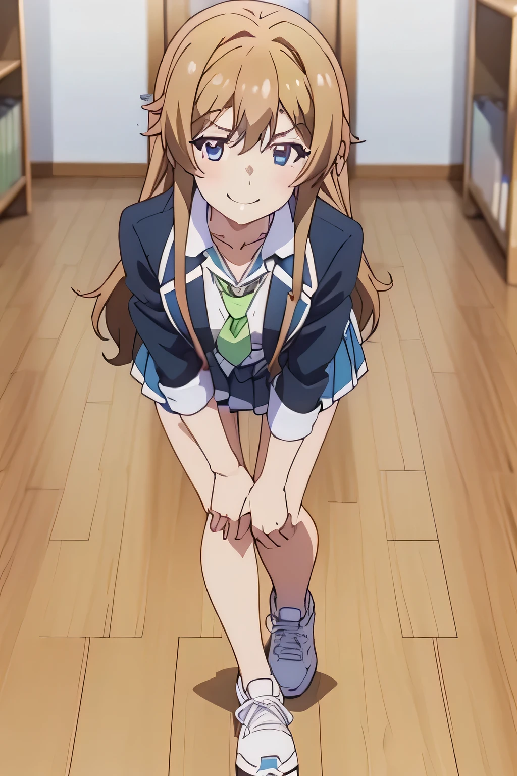 solo, 1girl, looking at viewer, 2D, anime, anime coloring, blue eyes, (classroom background), kaede sajou, blazer, necktie, school uniform, smirk, smile , full body , sneakers