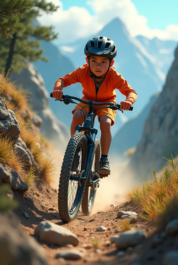 Boy riding bike on mountain 