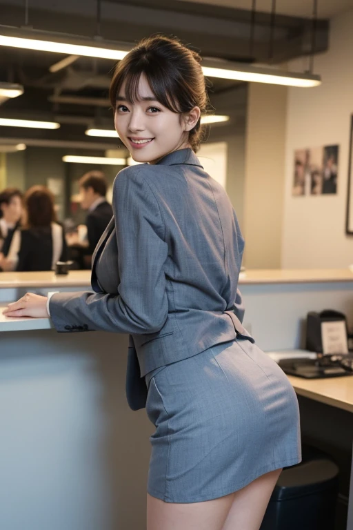 Masterpiece, photo quality, (high resolution photo: 1.4), Japanese woman, business jacket, cotton tight skirt, beautiful thighs with skin tone, updo, smile, droopy eyes, gentle eyes, bangs, office, back view, looking back at the viewer, smile, detailed eyes, perfect lighting,