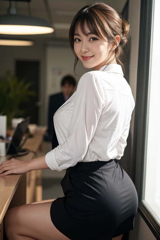 Masterpiece, photo quality, (high resolution photo: 1.4), Japanese woman, business jacket, cotton tight skirt, beautiful thighs with skin tone, updo, smile, droopy eyes, gentle eyes, bangs, office, back view, looking back at the viewer, smile, detailed eyes, perfect lighting,