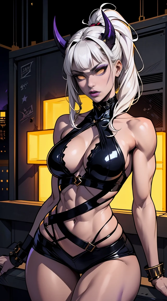 femme fatale, harness, rave bdsm outfit, harness leather, straps, (platinum blonde hair), (Neon hair), rave outfit, industrial punk rave, ((crowded dark dancefloor)), atmospheric, [[Victoria Beckham]], [[Kate Beckinsale]], [[[Jenna Coleman]]], [[[[Karlie Kloss]]]], Busty, cleavage, abs, neon hair, sexy, seductive, 
