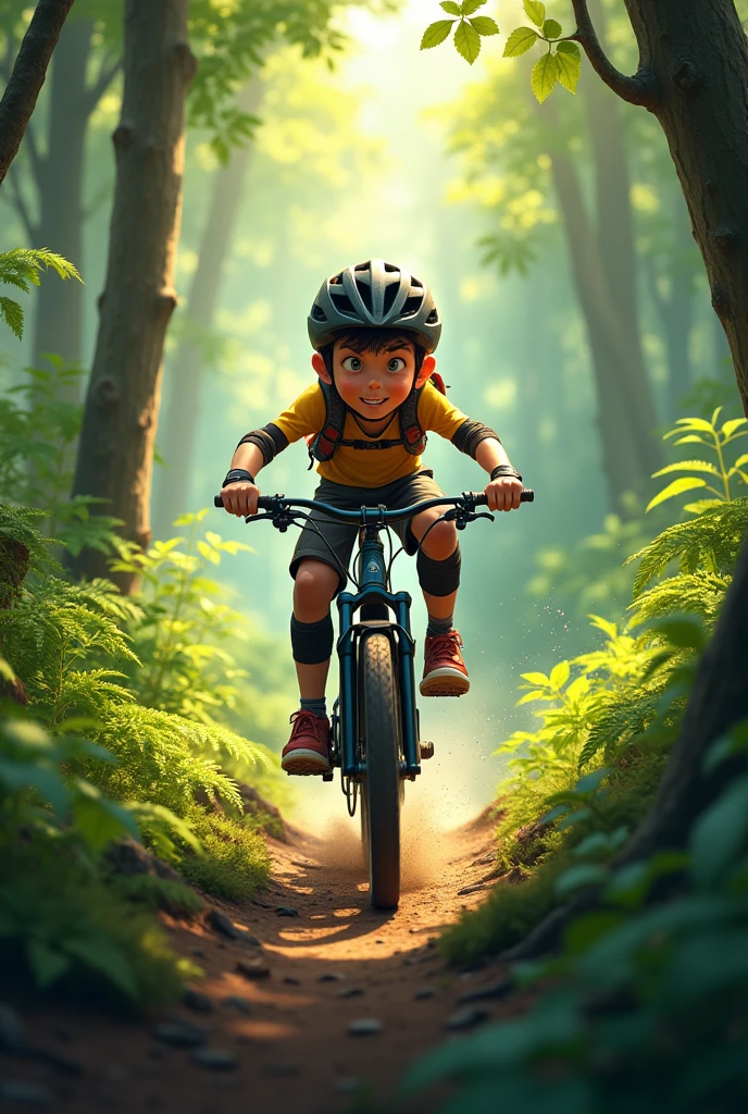 Boy rides his bicycle through the forest