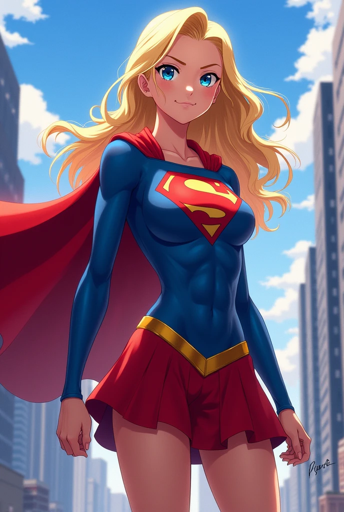 Supergirl, blue-green eyes, glossy lips , Team El (Krypton), Team El uniform, red letter S, white skirt,white crop top,black thigh high boots, black elbow gloves , looking at the viewer, evil smile, fold your arms