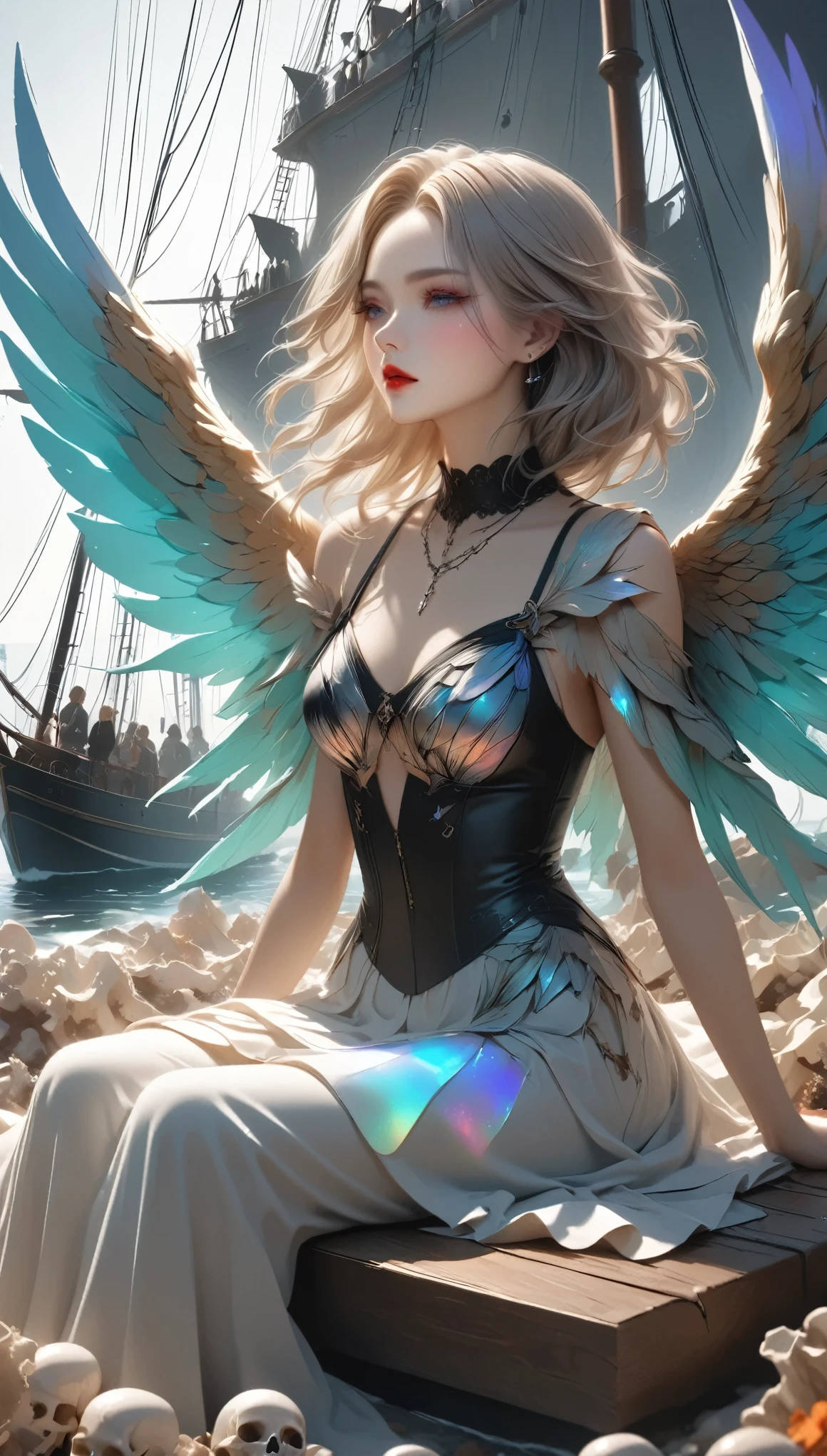 Richard Dadd, John Bauer, Anton Pieck, Surreal, mysterious, strange, fantastical, fantasy, Sci-fi, Japanese anime, wings of thunder, many feathers dancing in the air, running miniskirt blonde beautiful girl Alice, perfect voluminous body, spiral sinking into the sea, detailed masterpiece Depth of field cinematic lighting