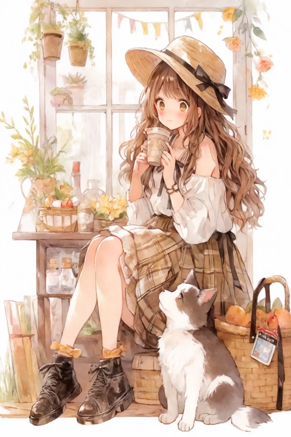 笑顔のAnime Girls sitting on a bench with a cat and a basket of fruit, beautiful Anime cat girl, Cute Anime catgirl, cute Anime Girls, Very Beautiful Anime Cat Girl, Cute art style, Very beautiful cute cat girl, Mysterious Coffee Shop Girl, by Rei Kamoi, Anime Girls, Cute Anime, Cottagecore!!, Anime cat girl