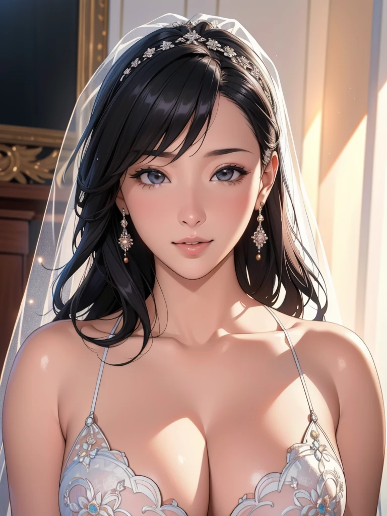 Beautiful woman in wedding dress、High quality 8K CGI、Very detailed、Photorealistic、1 girl、Bridal Veil、Wedding Dresses、curtain、jewelry、Earrings、teeth、Black Hair、Highly textured raw skin、(Highest quality、4K、8k、High resolution、masterpiece:1.2)、Super detailed、(Real、Photorealistic、Photorealistic:1.37)、HDR、uhd、Studio Lighting、Ultra-fine painting、Sharp Focus、Physically Based Rendering、Very detailedな描写、professional、Bright colors、Bokeh、Portrait、Cinematic Lighting、Full body photography、Woman&#39;s back view、Look back at your audience。