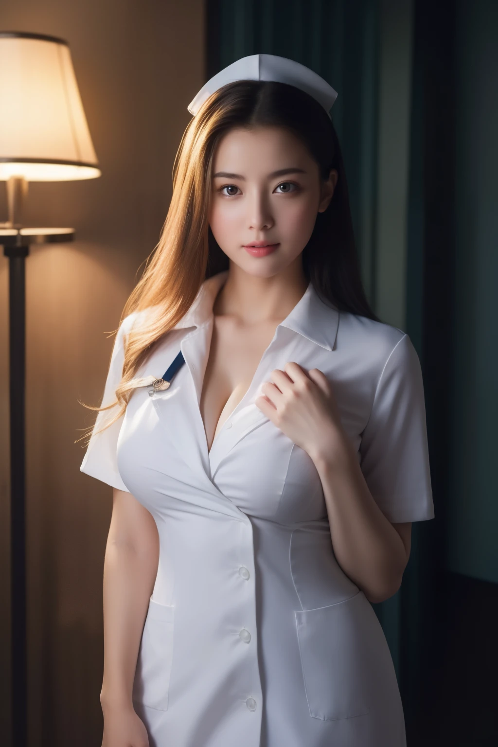 (best quality, 8k,32k,masterpiece, UHD:1.2),extremely detailed CG unity 8k wallpaper,intricate details,Raw photo,(photorealistic:1.4),atmosphere,ultra high res,Realistic,Real,Huge_filesize,incredibly absurdres,(centered:1.3),Ultra illustration,(ultra-detailed),cinematic lighting,various colors,depth of field,art by krenz cushart,golden hour lighting,taken by Canon EOS,SIGMA Art Lens 35mm F1.4,ISO 200 Shutter Speed 2000,blurry background,
BREAK,
1girl,(smile:1.2),slim body,(long straighthair:1.4),solo,20-year-old Japanese beautiful woman,(white nurse's costume:1.5),(Brown hair:1.5),((brown eyes)),Large breasts,chest, Soft white skin that shines with every detail,pale skin,Very beautiful face,Very well-formed face,Natural and realistic face,Best,beautiful detailed eyes,striking eyes,Eyes drawn in detail,Detailed mouth,Detailed lips,shiny beautiful lips,Glossy lips,simple earrings,necklace,jewelry, solo focus,low neckline,
BREAK,
Back lighting,kool,Standing,
BREAK,
(Dutch angle:1.4),cowboy shot,looking at viewer,
BREAK,tzuyu,yui aragaki,