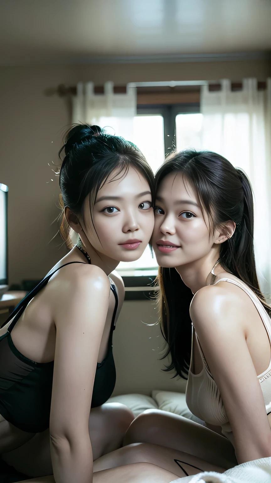 ((best quality)), ((masterpiece)), (detailed), perfect face 2girls with an ideal body,  short hair, white skin, naked, nudes, without clothes, the picture was realistic, 2girls, Chinese, Chinese girls, 2girl Chinese, polaroid photo, Bokeh, hyper realistic picture