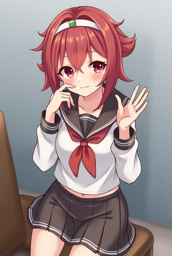 1 Girl, Small Breasts, Green Eyes, Heart Eyes, Deep Red Hair, Short Hair Style, Pale White Skin, Smooth Skin, Face Freckles, Slutty, Sexy, Sassy, Smirking, Tease, Teasing, Teasing, Sexy Pose, Young Girl, Very Small Girl, 8 Years Old, Pushed Up Against Wall, Leaning Forward, Sexy School Girl Uniform