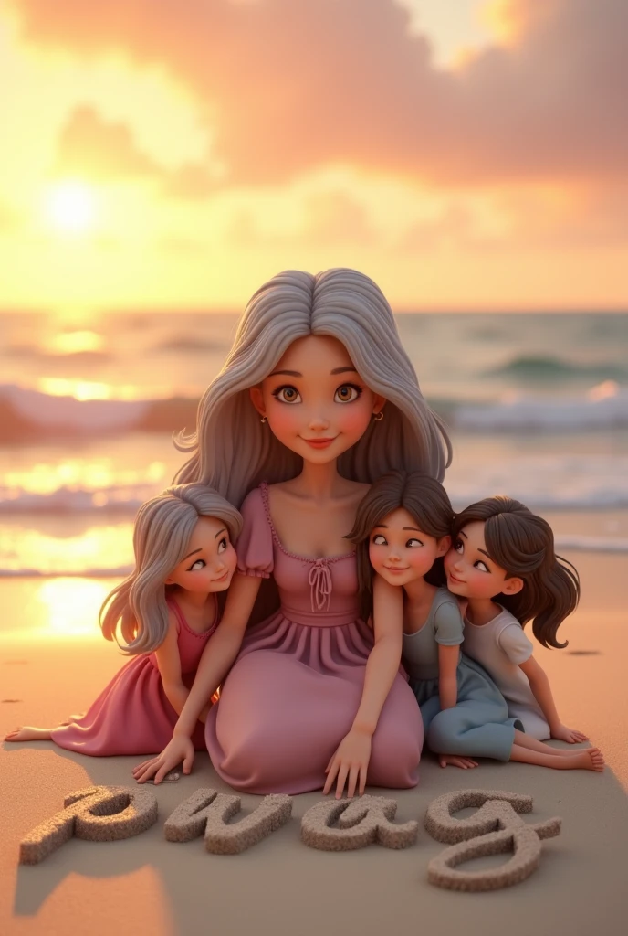 Family photo on a beach landscape. Homem com cabelos pretos, mulher loira , menina de 1 ano cabelos loiros, menina de 3 anos cabelos loiros, menina de 8 anos cabelos castanhos, menino de 8 anos cabelos castanhos e menino de 10 anos cabelos pretos