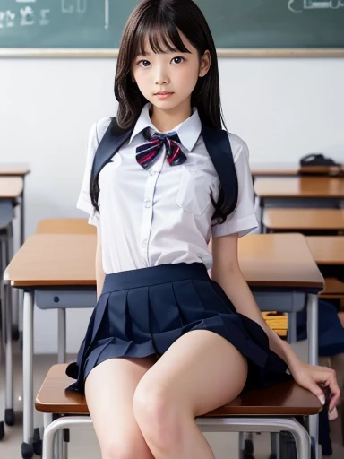 school uniform,(Sit at a desk),No makeup,High resolution,Professional photos,High resolution,Small breasts,,slim, Lie on your back on a desk, Open legs to show panties, Frightened expression, Tears in my eyes,School classroom