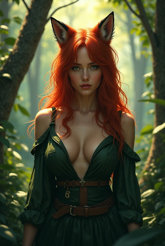 one beautiful young woman, half woman half cat, green eyes, red hair, sexy, sitting in the forest, fur, cat ears, cameltoe, sheer dress, (best quality,4k,8k,highres,masterpiece:1.2),ultra-detailed,(realistic,photorealistic,photo-realistic:1.37),detailed face and eyes,highly detailed facial features,intricate details,vivid colors,dramatic lighting,cinematic composition,fantastical,surreal,dreamlike,whimsical,magical realism