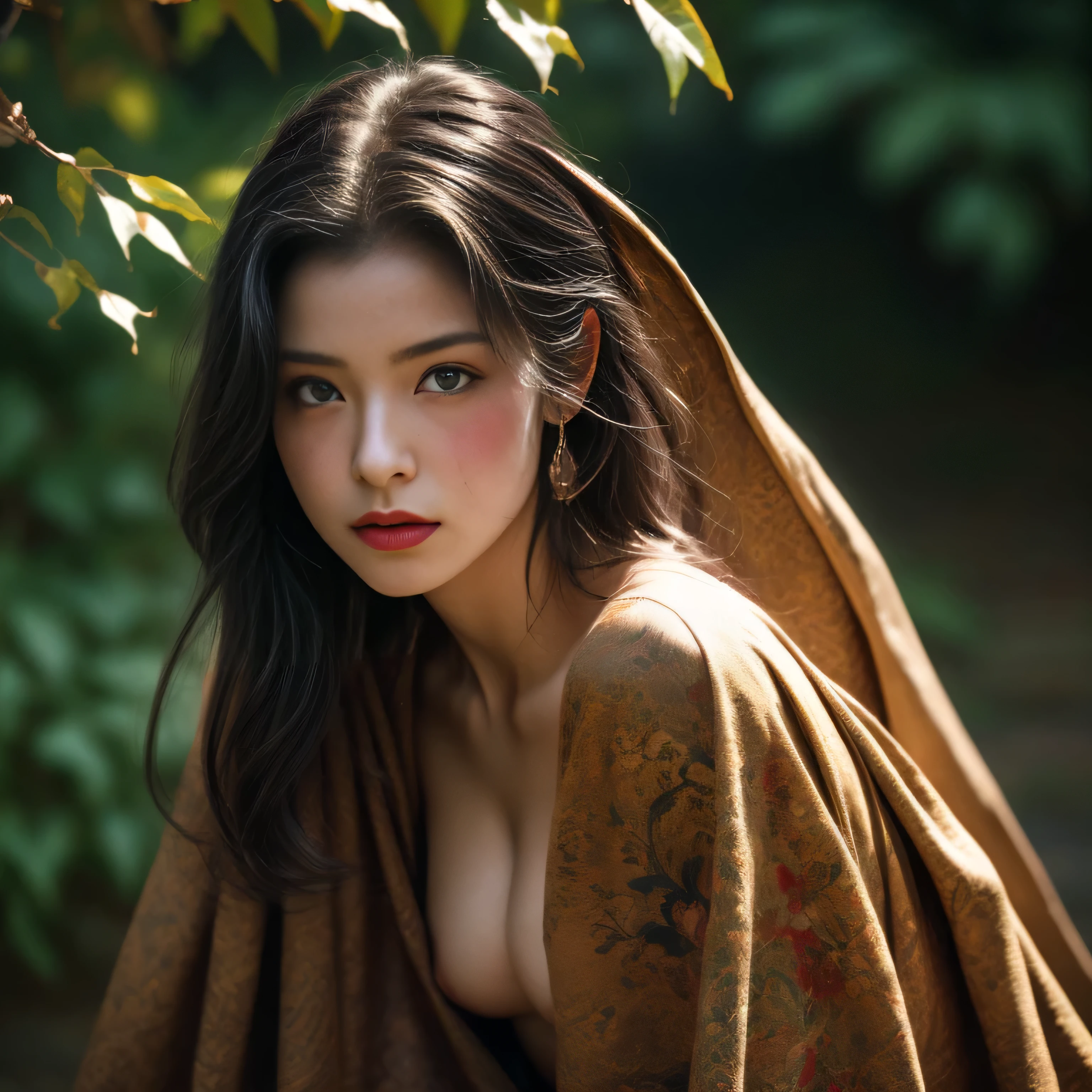 photorealistic, masterpiece, photorealistic, high resolution, soft light, butts up, blue eyes, black hair, long hair, Intricate details EABA, cloaks, short steel claws, Royal Shogun, naked for guests to see, warrior, leaves floated around