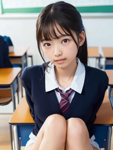 school uniform,(Sit at a desk),No makeup,High resolution,Professional photos,High resolution,Small breasts,,slim, Lie on your back on a desk, Open legs to show panties, Frightened expression, Tears in my eyes,School classroom